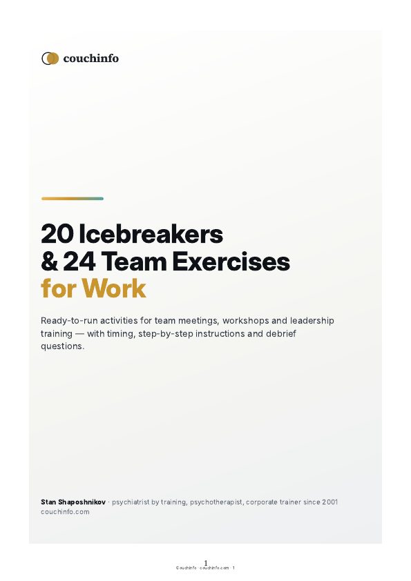 Cover of the free PDF: 20 Icebreakers and 24 Team Exercises for Work