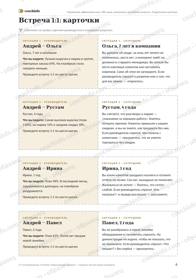 Управление эффективностью с ИИ: цели, показатели, регулярные встречи — страница комплекта